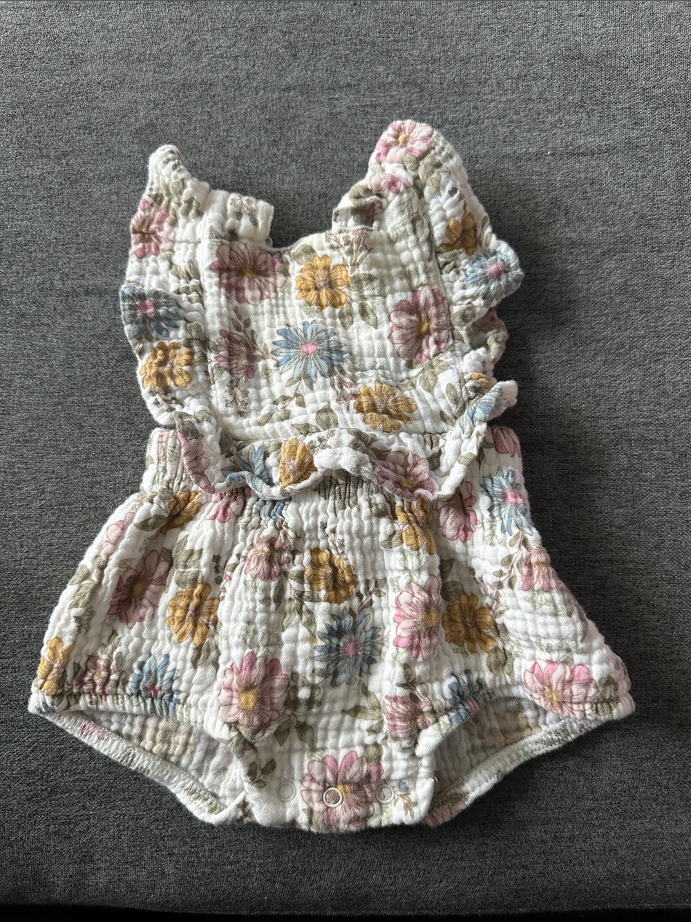 Baby Floral Ruffled Cotton Romper - White with Pink, Mustard & Blue Flowers